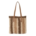 Handgewebte Stroh-Shopper-Tasche mit Streifenmuster und braunen Kunstledergriffen - Khaki