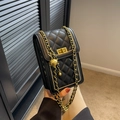 Classic black quilted leather crossbody phone bag with gold chain and ball charm - Black