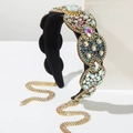 Baroque crystal headband with rhinestone fringe and colorful gems on black velvet base - AB Color