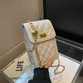 Cream white quilted mini crossbody bag with gold adjustable ball chain and flip lock - White