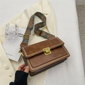 Vintage brown PU crossbody bag with ethnic geometric pattern wide woven strap - Brown