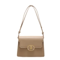 Chic beige crossbody square bag with a flap cover and elegant gold oval buckle - Khaki