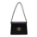 Minimalist black leather square bag with golden oval rotary lock and thin shoulder strap - Black