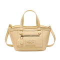 Stylish cream yellow crossbody bag with fashion lettering and top handles on white backdrop - Yellow