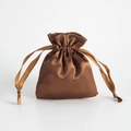 Macro detail of brown satin drawstring jewelry pouch showing smooth silk texture - 9*11cm / Coffee