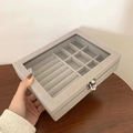 Gray acrylic storage box with transparent window and jewelry slots for rings and lipsticks - Velvet With Lock / Gray Velvet (With Nine Compartments)