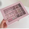 Pink velvet jewelry organizer with transparent lid and multifunctional compartments - Jewelry Box with Lid / Pink