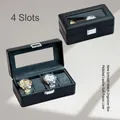 Black 4-slot PU leather watch storage box with litchi grain and soft grey velvet lining - Rounded Corner Lychee Pattern - 4 Slots