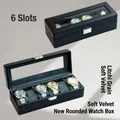 6-slot black pebble leather watch storage box with soft grey velvet lining and glass lid - Rounded Corner Lychee Pattern - 6 Slots