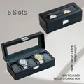 Black PU leather 5-slot watch display box with clear glass top and silver metal clasp - Rounded Corner Lychee Pattern - 5 Slots