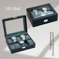 Black 10-slot PU leather watch display box with clear window and soft velvet lining - Rounded Corner Lychee Pattern - 10 Slots