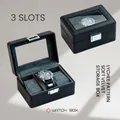 Black lychee pattern PU leather watch box with 3 slots and clear display window - Rounded Corner Lychee Pattern - 3 Slots