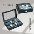 Black PU leather watch box with 12 slots, clear glass top and soft grey lining - Rounded Corner Lychee Pattern - 12 Slots