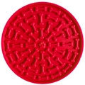 Red circular silicone pet lick mat with bone texture and paw print pattern for slow feeding - Red Dog Bone Shape with Suction Cups