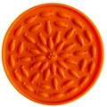 Orange round silicone dog lick mat with fish pattern and central paw print design - Orange Fish Shape with Suction Cups
