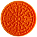 Orange round silicone dog lick mat with textured bone patterns for slow feeding - Orange Dog Bone Shape with Suction Cups