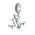 Cartoon airplane charm pendant in polished silver with blue and pink crystals - Color 006