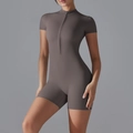 Short sleeve zip-up slimming yoga bodysuit in taupe grey for women's fitness - S / Khaki Brown
