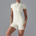 Slim fit cream white zip-up short sleeve sports bodysuit for yoga and fitness - S / Light Ivory