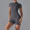 Slim fit short sleeve yoga bodysuit in charcoal grey with front zipper closure - S / Graphite Grey