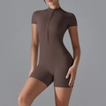 Short sleeve yoga bodysuit in deep brown with front zipper and slim fit athletic design - S / Ebony Brown