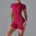 Slim fit yoga short sleeve bodysuit in deep red with front zipper closure - S / Carmine