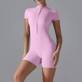 Short sleeve yoga romper in pink with front zipper and slim fit design - S / Sakura Pink