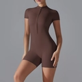 Slim fit dark brown yoga romper with short sleeves and front zipper for sports - S / Distilled Coffee