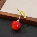 Cute cherry brooch for women with red glazed fruit and golden leaf pin accessory - Style 12 (Red/Gold)