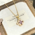 Gold-plated four-leaf clover necklace with purple stones and pavé crystals pendant - Gold
