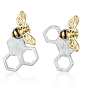S925 silver bee and honeycomb stud earrings with 18K gold plating and matte finish - Asymmetric Matte Honeycomb Two-Tone Bee Earrings (KL04817)