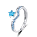 Minimalist silver open star ring with blue sapphire stone and pavé crystal setting - Adjustable Open / White Gold
