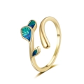 Anillo ajustable bañado en oro con diseño de hojas en esmalte azul verde - Abierto Ajustable / Dorado