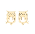 Detailed view of hollow owl-shaped stud earrings with natural textured finish on white base - Gold