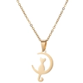 Minimalist gold moon and cat pendant necklace in stainless steel on white background - Cat Moon Gold (717)