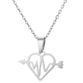 Silver stainless steel heart necklace with arrow and heartbeat motif on O-chain link - EKG Arrow Heart Steel (720)