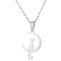 Detailed view of silver moon and cat pendant necklace with durable cross chain - Cat Moon Steel (717)