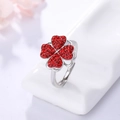 Rotating four-leaf clover ring with red cubic zirconia in adjustable silver band - Ring-Red