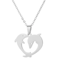 Macro detail of silver-tone dolphin heart pendant on a classic O-link chain necklace - Dolphin Heart Steel (718)