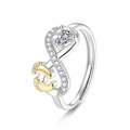 Anillo ajustable de plata con corazón de circonita y huellas de bebé doradas - Abierto Ajustable / Anillo bicolor