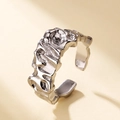 Minimalist silver open ring with unique lava fold texture and adjustable geometry design - Adjustable Open / White Gold