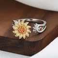 Bague rotative tournesol réglable avec pétales dorés et cristaux de zircon orange - Tournesol-Tournante 01