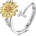 Rotating sunflower ring with letter T and You are my sunshine engraving in gold and silver - Letter T