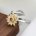 Bague tournesol avec pierre rouge et feuilles diamantées sur anneau réglable en argent - Tournesol-Tournante 02