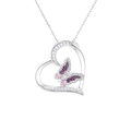 Collar de moda con corazón y mariposa con esmalte morado y cristales brillantes - Color Oro Blanco (XL0062)