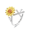 Rotating sunflower and cross open ring with You are my sunshine engraving for women - Letter X