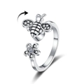 Adjustable silver ring with rotatable bee and daisy flower featuring cubic zirconia - Adjustable Open / White Bee Daisy Style (KL212)