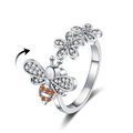 Adjustable silver spinner ring featuring a sparkling honey bee and daisy flowers - Adjustable Open / Orange Bee Daisy Style (KL211)