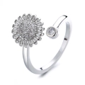 Anillo de girasol ajustable en plata con circonitas para el alivio del estrés - Abierto Ajustable / Margarita Giratoria