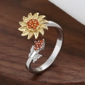 Adjustable sunflower spinner ring with golden petals and orange zircon crystals - Sunflower-Spinner 08